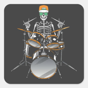 Halloween Skeleton Rock Hand Playing Drums Quadratischer Aufkleber