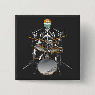 Halloween Skeleton Rock Hand Playing Drums Square Button