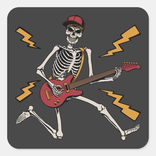 Halloween Skeleton Rock Hand Playing Gitarre Quadratischer Aufkleber (Vorderseite)