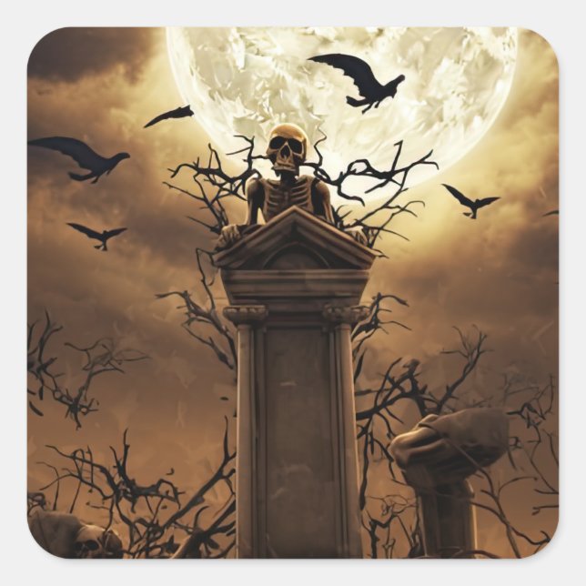 Halloween Skeleton Skull Graveyard Friedhof Gothic Quadratischer Aufkleber (Vorderseite)