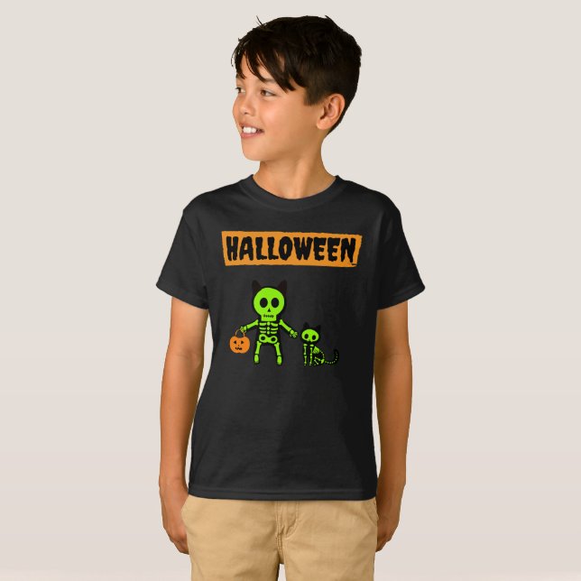 Halloween Skeleton und Cat T-Shirt (Vorne ganz)
