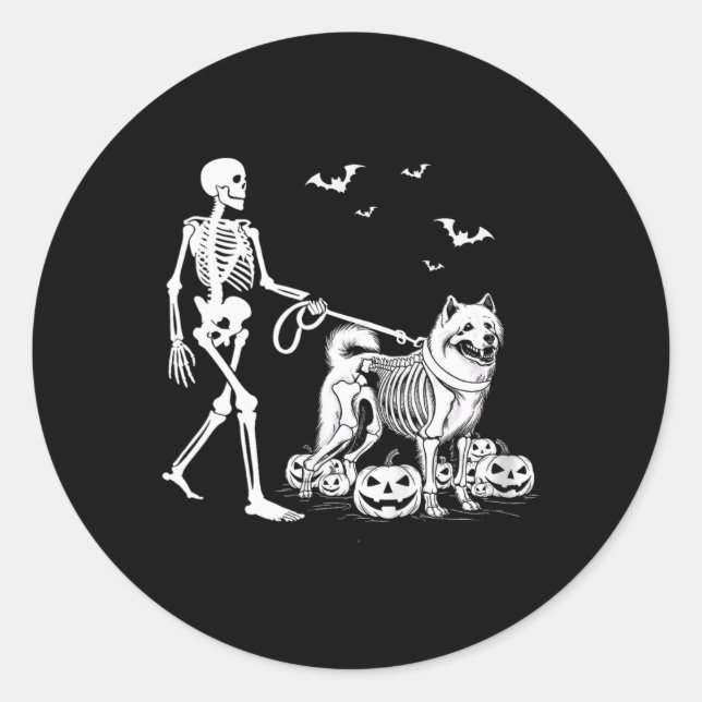 Halloween Skeleton Walking Samoyed Dog Runder Aufkleber (Vorderseite)