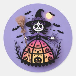 Halloween Skeleton Witch Runder Aufkleber