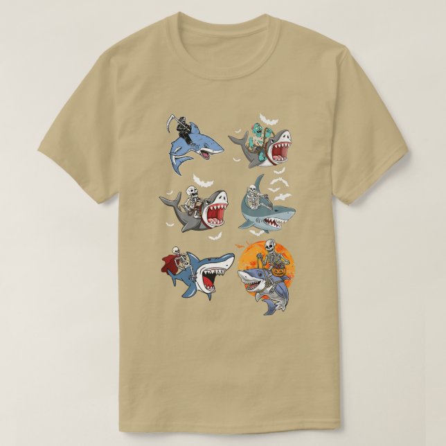 Halloween Skeleton Zombie Riding Shark Mummy Vampi T-Shirt (Design vorne)
