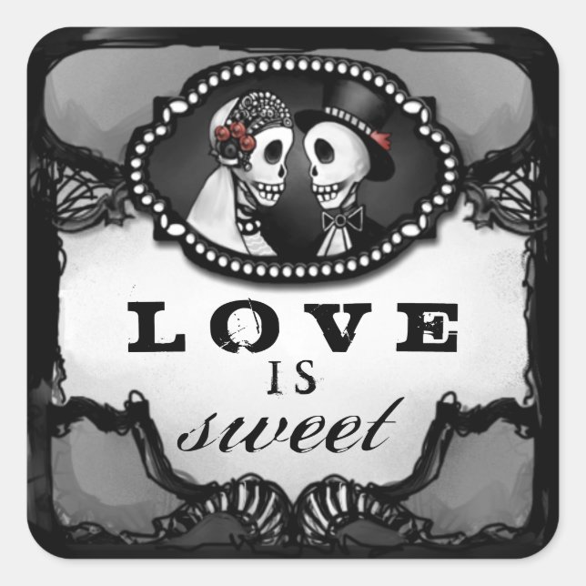 Halloween Skeletons Liebe ist Sweet Square Quadratischer Aufkleber (Vorderseite)