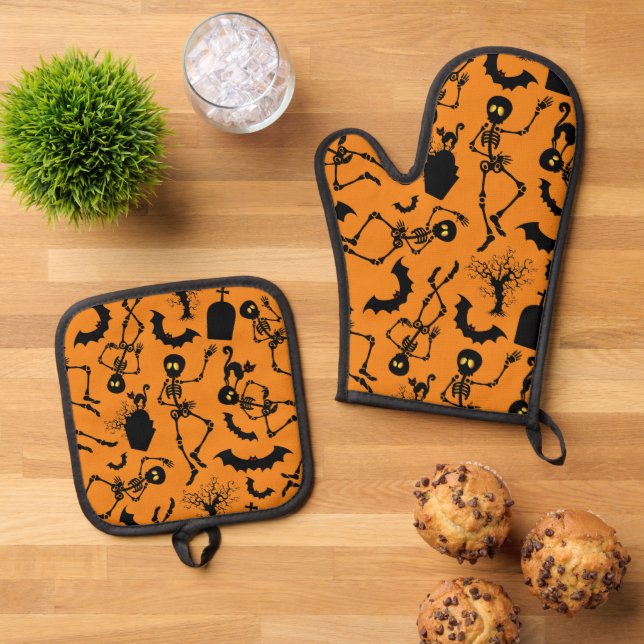 Halloween Skeletons Macabre Dance Ofenhandschuh & Topflappen-Set (Oben Unten)