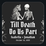 Halloween Skeletons Till Death Do Us Part Wedding Quadratischer Aufkleber<br><div class="desc">💀 Till Death Do Us Part Halloween Skeleton Wedding Square Sticker Add a spooky-chic seal to your love story! 🕸️🖤 This Till Death Do Us Part Square Wedding Sticker features a vintage skeleton couple and elegant gothic typography — perfect for Halloween weddings, gothic ceremonies, or alternative fall celebrations. Use these...</div>