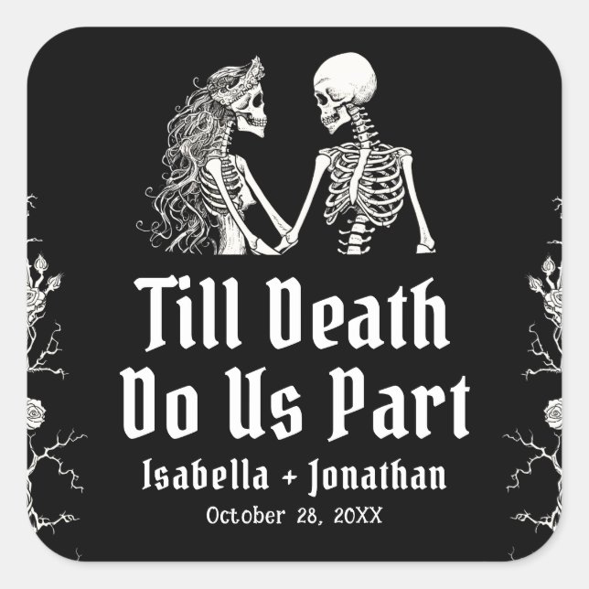 Halloween Skeletons Till Death Do Us Part Wedding Quadratischer Aufkleber (Vorderseite)