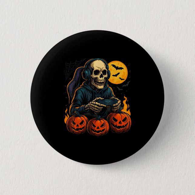 Halloween-Skelett-Gamer Mit Kürbis-Controller  Button (Vorderseite)