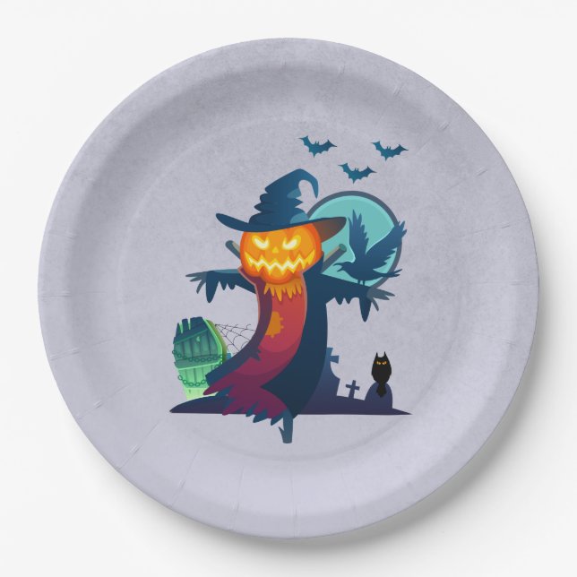 Halloween-Skelett mit Fledermauskeule Pappteller (Vorderseite)