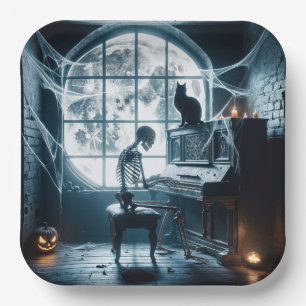 Halloween-Skelett spielt Klavier Pappteller