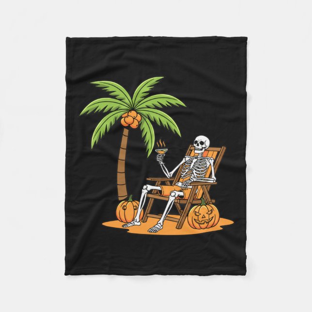 Halloween-Skelett Strandurlaub Palme Kürbis Fleecedecke (Vorderseite)