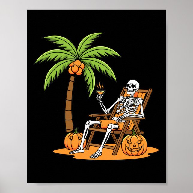 Halloween Skelett Strandurlaub Palme Kürbis Poster (Vorne)