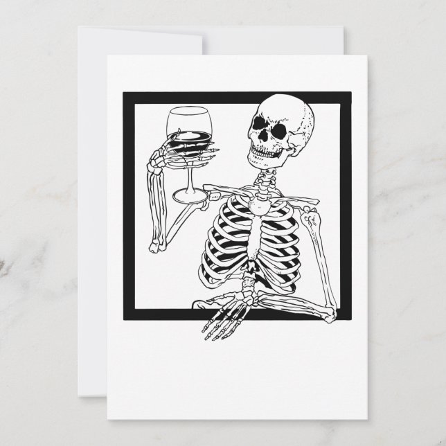 halloween skelett trinkt weinskull witzig einladung (Vorderseite)
