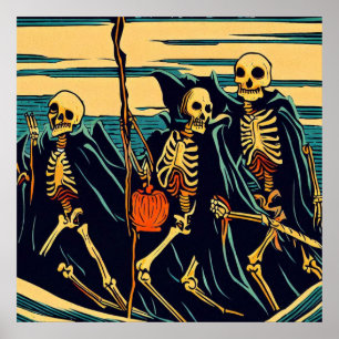 Halloween - Skelette Woodcut 3 Poster
