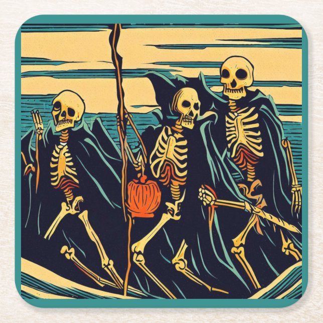 Halloween - Skelette Woodcut 3 Rechteckiger Pappuntersetzer (Vorderseite)