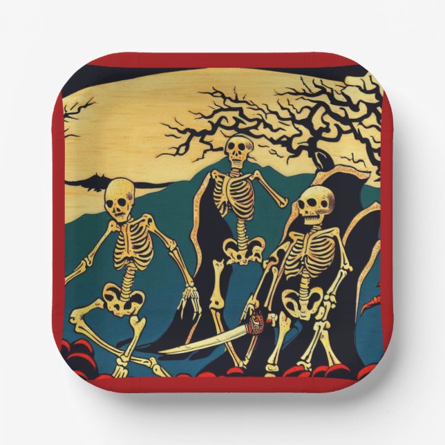 Halloween - Skelette Woodcut 4 Pappteller (Vorderseite)