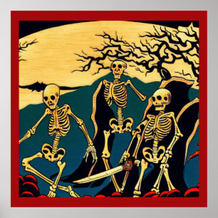 Halloween - Skelette Woodcut 4 Poster