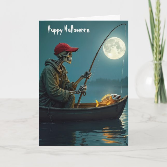 Halloween Skelettfischerei in einem Holzrottschiff Karte (Vorderseite)