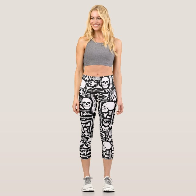 Halloween Skelettmuster Capri Leggings (Vorderseite)