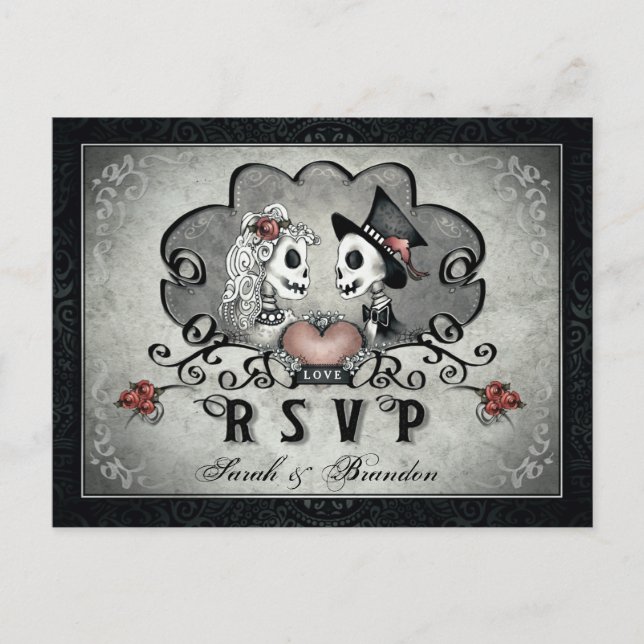 Halloween Skeletts Black Gray & Heart MENU UAWG Einladungspostkarte (Vorderseite)
