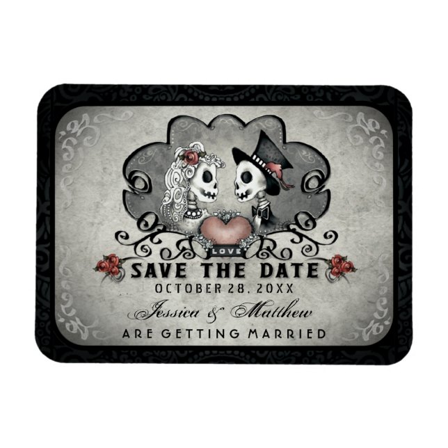 Halloween Skeletts Black Gray & Red Heart Magnet (Horizontal)