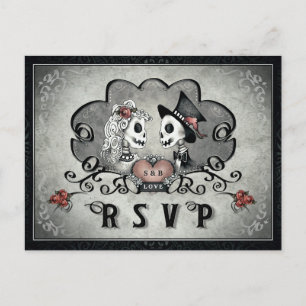 Halloween Skeletts Black Gray & Red Heart UAWG Einladungspostkarte