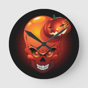 Halloween Skull and Pumpkin Runde Wanduhr
