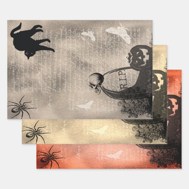 Halloween Skull auf Grabstein und Black Cat Geschenkpapier Set (Set)