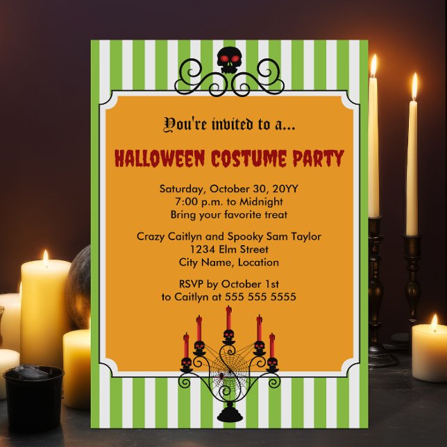 Halloween Skull Candelabra Party Einladung (Halloween skull and candelabra costume party invitation.)