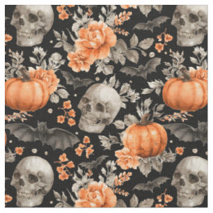 Halloween Skull-Fledermäuse und Blume schwarz Stoff