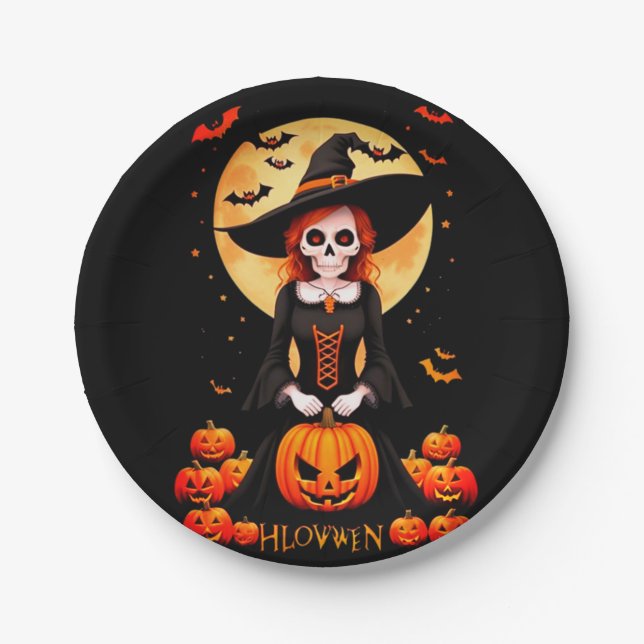 Halloween-Skull-Kürbis Pappteller (Vorderseite)