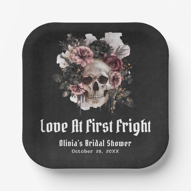 Halloween Skull-Liebe im ersten Fright-Brautparty Pappteller (Vorderseite)