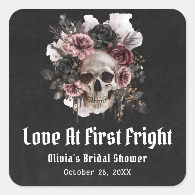 Halloween Skull-Liebe im ersten Fright-Brautparty Quadratischer Aufkleber (Vorderseite)