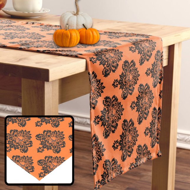 Halloween Skull Orange Black Gothic Damask Muster Mittelgroßer Tischläufer (Von Creator hochgeladen)