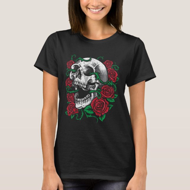 Halloween Skull Rose Skeleton Geschenkidee T-Shirt (Vorderseite)