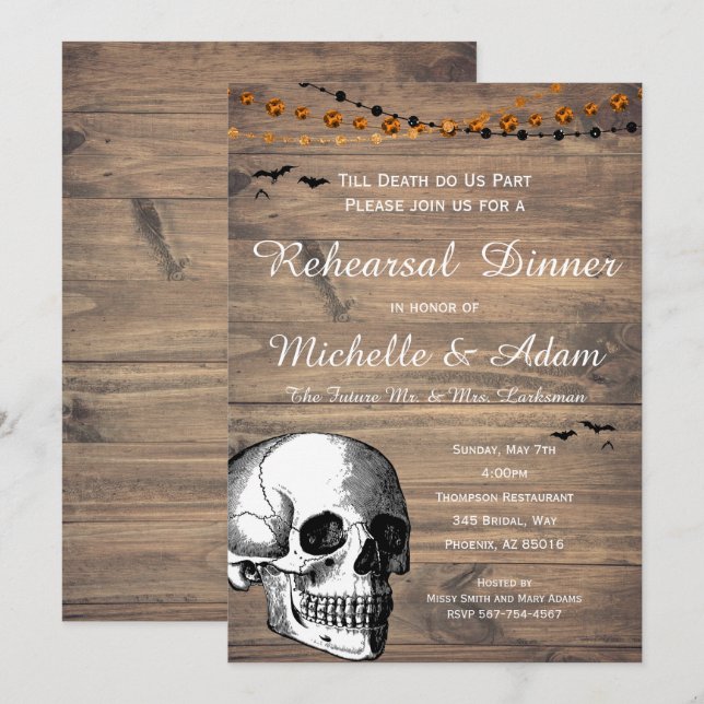 Halloween Skull Rustic Hochzeit Probe Dinner Einladung (Vorne/Hinten)