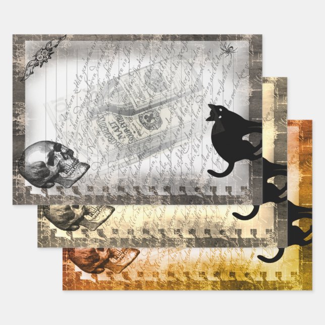 Halloween Skull und Black Cat Script Ephemera Geschenkpapier Set (Set)