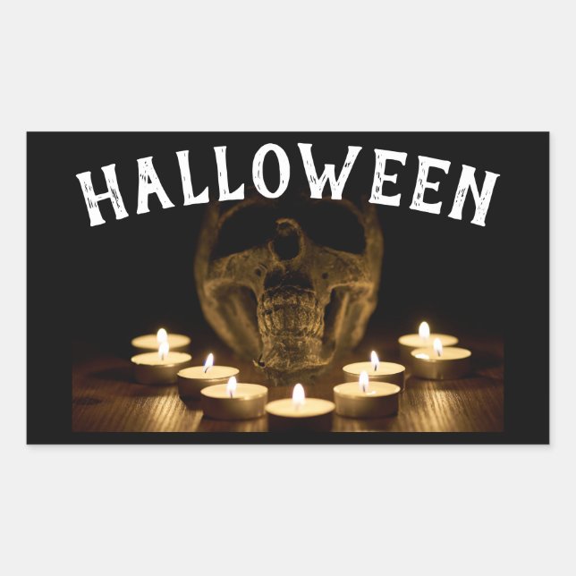 Halloween Skull und Candles Rechteckiger Aufkleber (Vorderseite)