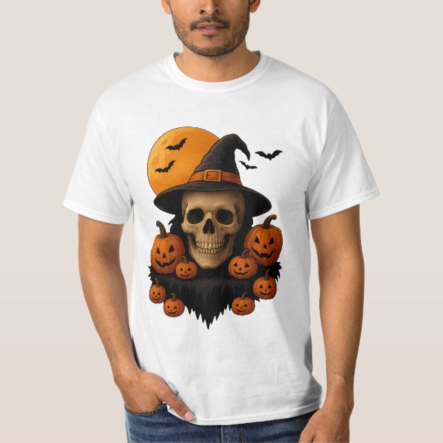 Halloween Skull With Pumpkins and Witch Hat T-Shir T-Shirt (Vorderseite)