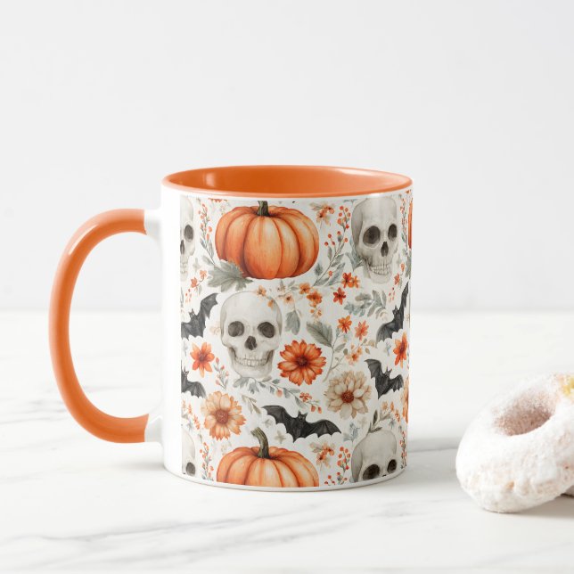 Halloween Skulls Blume und Kürbis Tasse (Mit Donut)