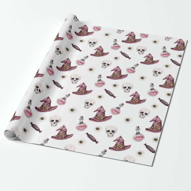 Halloween Skulls, Hexenhats, Tränke und Eyeball Geschenkpapier (Ungerollt)