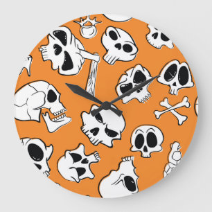 Halloween Skulls Knochen Doodle Muster Große Wanduhr