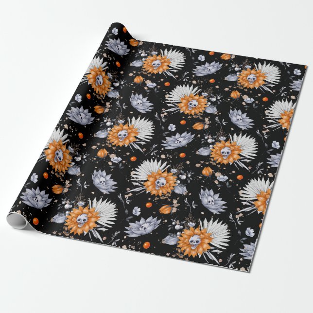 Halloween-Skulpturen und Blume nahtlos Geschenkpapier (Ungerollt)