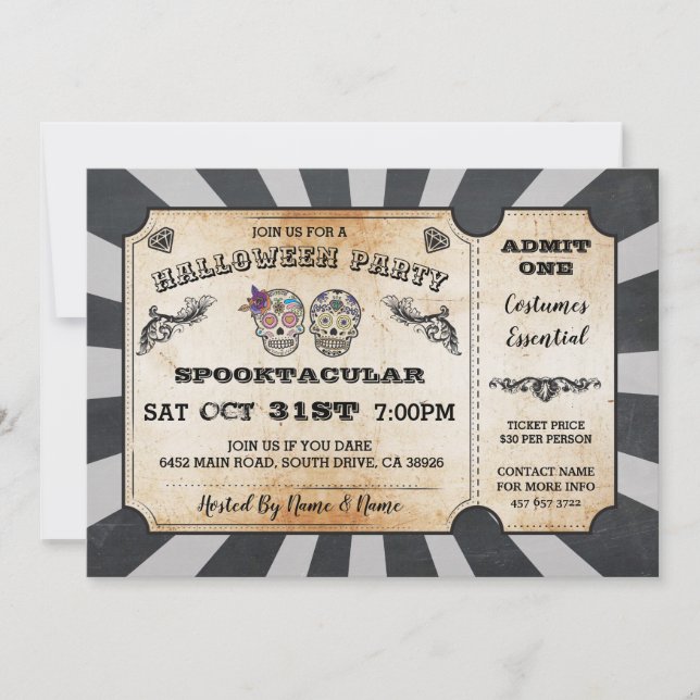 Halloween Skuls de sucre Ticket Party Invitation (Devant)
