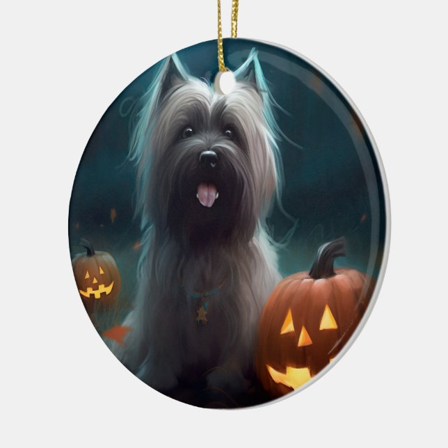 Halloween Skye Terrier mit Pumpkins Beängstigend Keramik Ornament (Links)