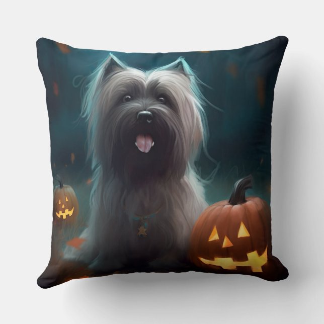 Halloween Skye Terrier mit Pumpkins Beängstigend Kissen (Rückseite)