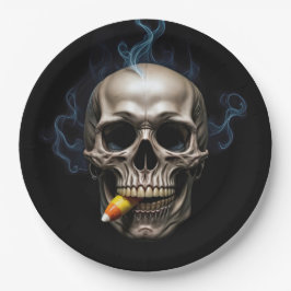 Halloween Smoking Skull Biting Candy Corn Pappteller