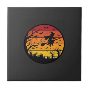 Halloween-Sonnenuntergang-Hexe-Silhouette Retro-Kr Fliese
