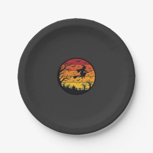 Halloween-Sonnenuntergang-Hexe-Silhouette Retro-Kr Pappteller
